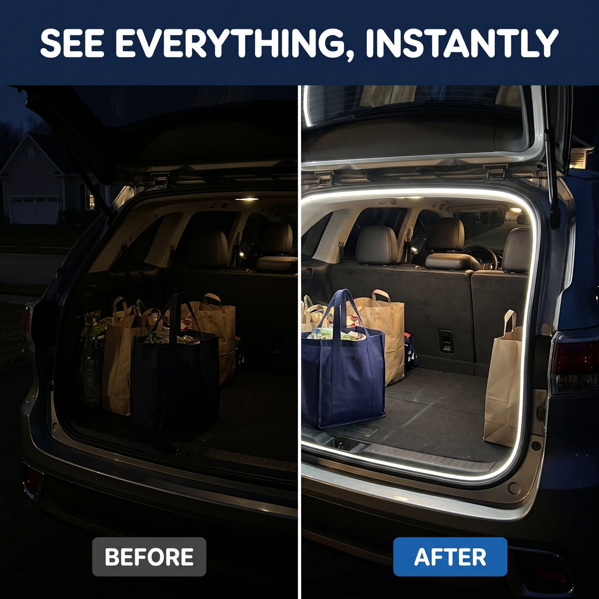 Car trunk before and after the LED light strip